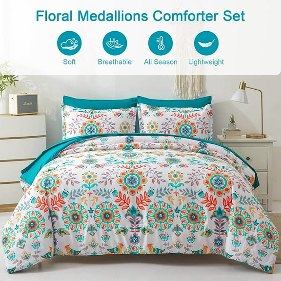 Boho Comforter Set Queen - 7 Pieces Bed in a Bag Floral Medallions Design, Bohemian Comforter Set with Sheets, Soft Microfiber Complete Bedding Sets All Season (Teal Blue, Queen)