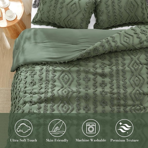 Boho Comforter Set Queen Size, 3 Piece Olive Green Boho Bedding Set, Rustic Farmhouse Luxury Gift for Women Home Decor, Soft Cozy Diamond Comforter for All Seasons