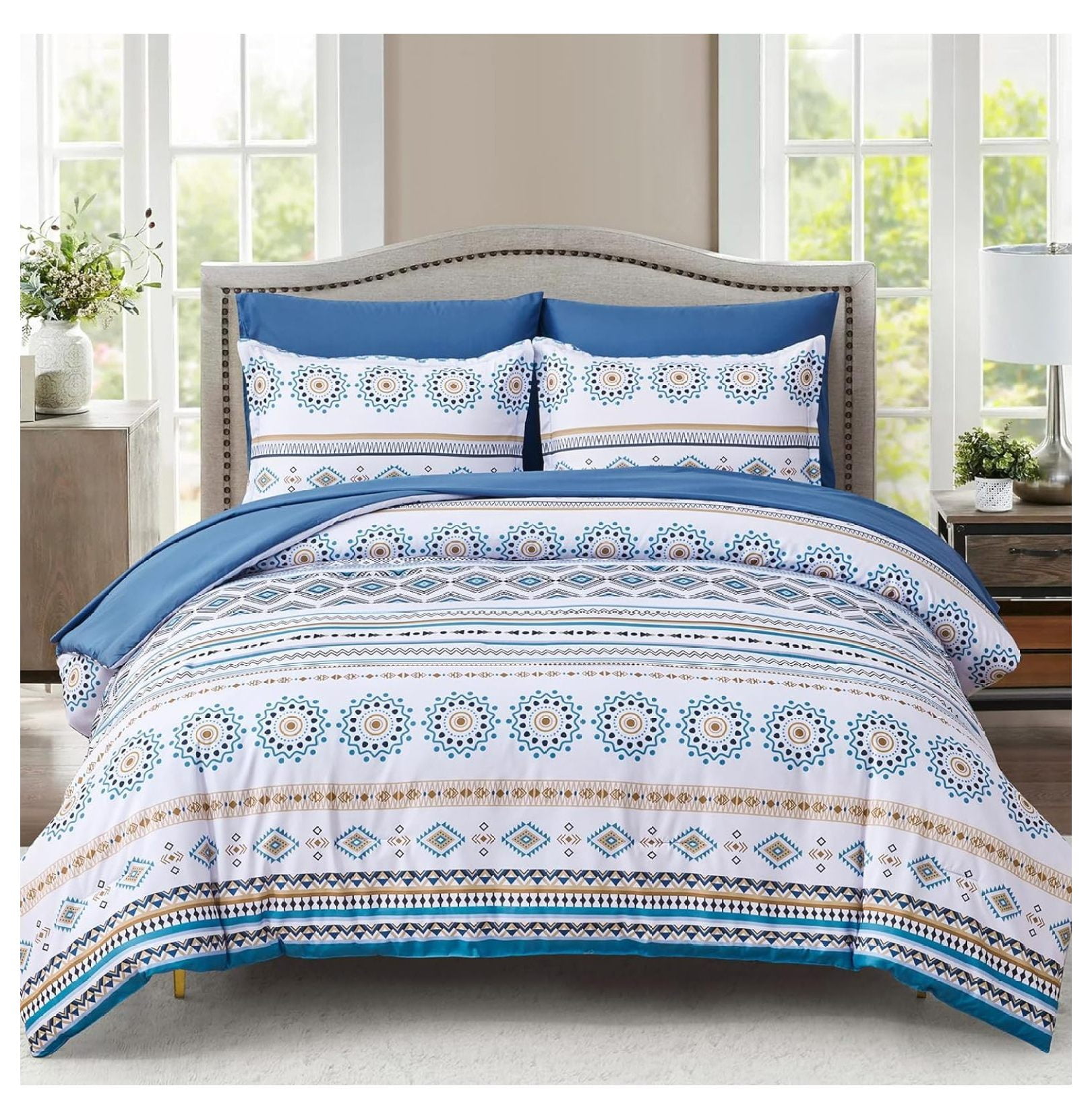 Boho Comforter Set Queen Size,7 Piece Bed in a Bag Blue Striped Bedding ...