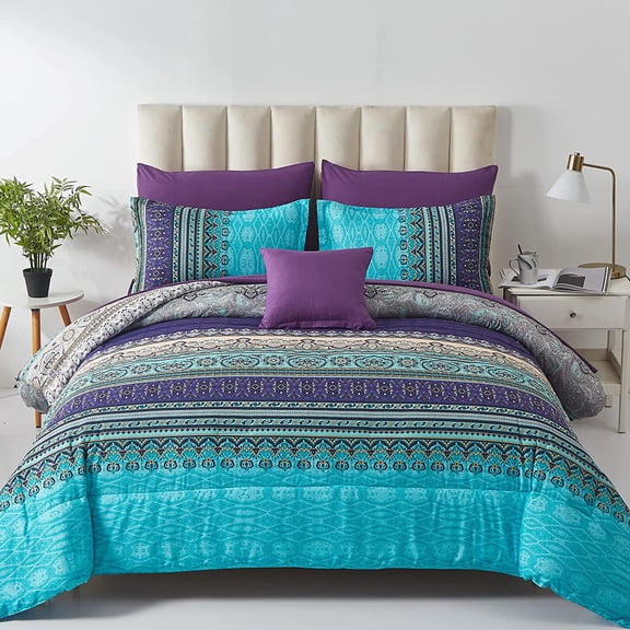 Boho Comforter Set Queen Size 8 Piece Aqua Paisley Floral Microfiber Bedding Set