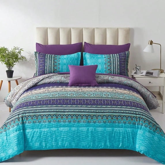 Boho Comforter Set Queen Size 8 Piece Bed in a Bag Bohemian Striped Bedding Quilt Set Aqua Paisley Floral Comforter and Sheet SetSoft Microfiber Complete Bedding Sets for All Season