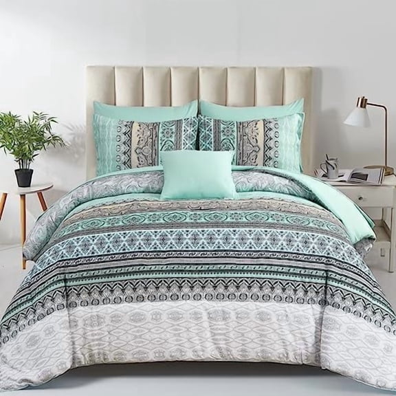 Boho Comforter Set Queen Size,8 Piece Bed in a Bag Sage Green Paisley Comforter and Sheet Set,Striped Bedding Set Soft Microfiber Complete Bedding Set