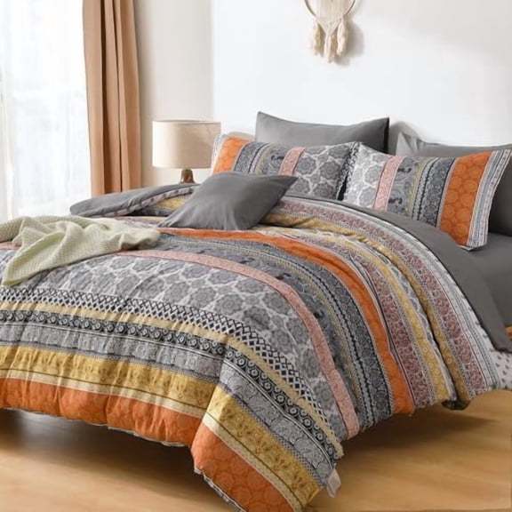 Boho Comforter Set Queen Size,8 Pieces Orange Bohemian Striped Bed in a Bag,Paisley Soft Microfiber Bedding Comforter Set
