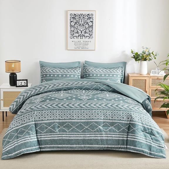 Boho Comforter Set Queen Size, Grayish Blue Comforter Bedding Set, 7 Piece Bed in a Bag, Soft Microfiber Bohemian Striped Complete Bedding Set with Sheets for All Season
