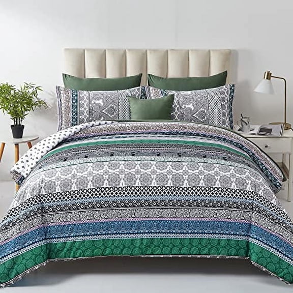 Boho Comforter Set Size 8 Piece Bed in a Bag Bohemian Striped Bedding Quilt Set Aqua Paisley Floral Comforter and Sheet Set Soft Microfiber Complete Bedding Sets for All Season