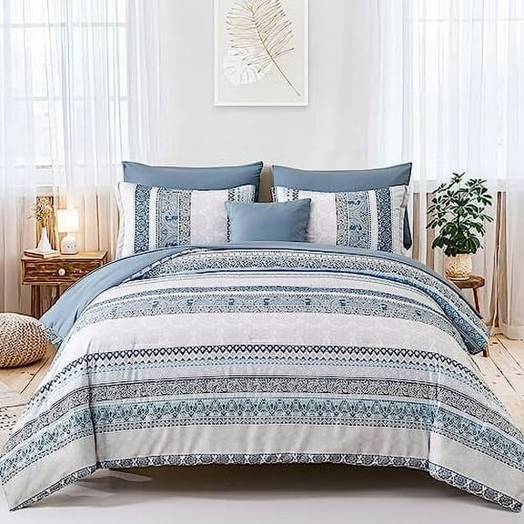 Boho Comforter Set Size 8 Piece Bed in a Bag Bohemian Striped Bedding Quilt Set Aqua Paisley Floral Comforter and Sheet Set Soft Microfiber Complete Bedding Sets for All Season