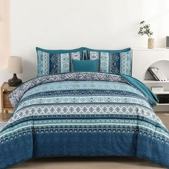 Boho Comforter Set Size 8 Piece Bed in a Bag Bohemian Striped Bedding Quilt Set Aqua Paisley Floral Comforter and Sheet Set Soft Microfiber Complete Bedding Sets for All Season