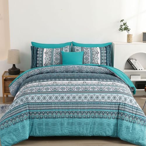 Boho Comforter Set Size 8 Piece Bed in a Bag Bohemian Striped Bedding Quilt Set Aqua Paisley Floral Comforter and Sheet Set Soft Microfiber Complete Bedding Sets for All Season