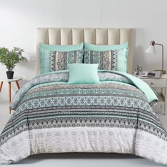 Boho Comforter Set Size 8 Piece Bed in a Bag Bohemian Striped Bedding Quilt Set Aqua Paisley Floral Comforter and Sheet Set Soft Microfiber Complete Bedding Sets for All Season