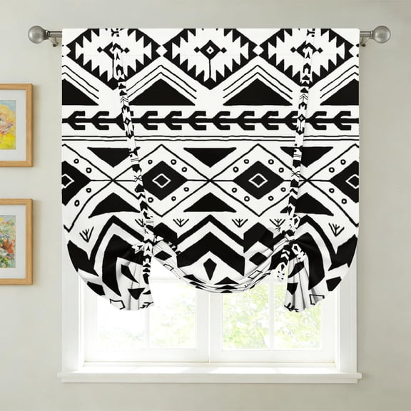 Boho Compact‑sized Window Tie‑Up Curtain, Bohemian Insulated Blackout Balloon Rod Pocket Shade, Height‑Adjustable Kitchen Drapes 42" W x 63" L