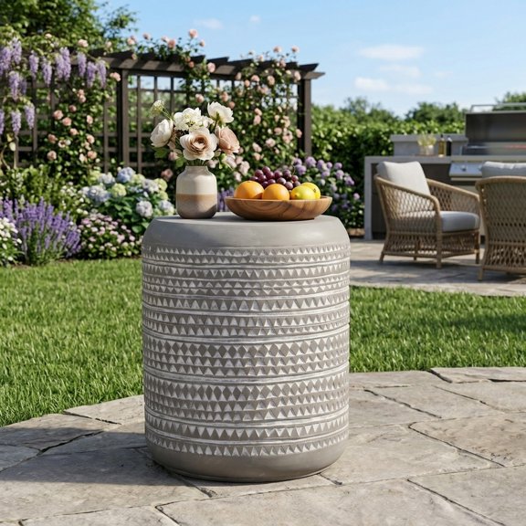 Boho Concrete Look End Table - Lightweight MGO Side Table for Patio & Living Room