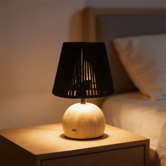 Boho Cordless Table Lamp, Rechargeable Touch Control Dimmable Night Light, Hand-Knitted Yarn Shade with Solid Pine Wood Base, Cordless Bedside Lamp for Bedroom Living Room, Modern Rustic Home Decor