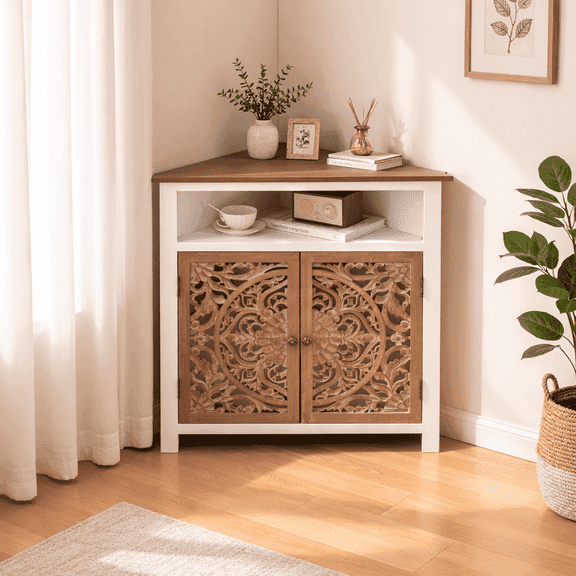 Ahokua Boho Corner Cabinet with 2 Carved Doors with Cutout Design, Storage Cabinet with Adjustable Shelf and Open Storage for Living Room, Kitchen or Bathroom