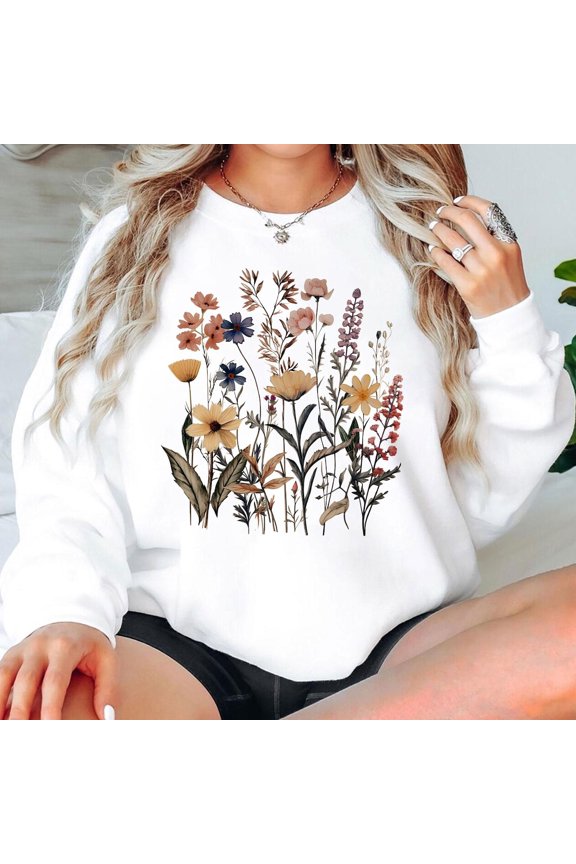 Boho Cottagecore Wildflowers Vintage Pressed Flowers Botanical Sweatshirt All Size S-5Xl