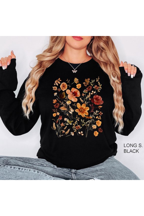 Boho Cottagecore Wildflowers Vintage Pressed Flowers Botanical Sweatshirt All Size S-5Xl