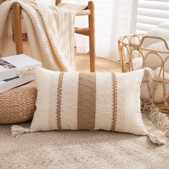 Boho Cotton Linen Decorative Throw Pillow Covers 12x20 Inch Stripe Jacquard Woven Neutral Tan Pillow Covers Farmhouse Rectangle Cushion Case for Couch Bed Sofa Chair (B)