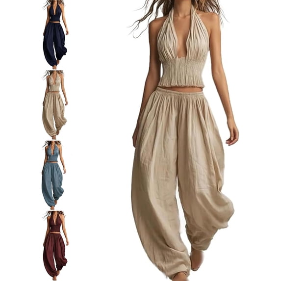 Boho Cotton-Linen Halter Smocked Crop Top & Harem Pants Two-Piece Set, Summer Boho Casual Vacation Set