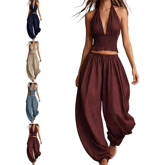 Boho Cotton-Linen Halter Smocked Crop Top & Harem Pants Two-Piece Set, Summer Boho Casual Vacation Set