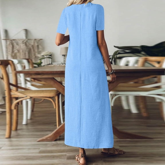 Boho Cotton Linen Short Sleeve V Neck Maxi Dress Loose Flowy A Line Summer Sundress Blue XL