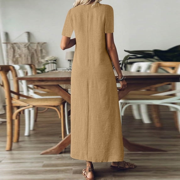 Boho Cotton Linen Short Sleeve V Neck Maxi Dress Loose Flowy A Line ...