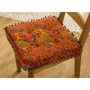 Boho Cotton Linen Square Chair Seat Cushions for Dining Kitchen Office Chairs Super Soft Printed Chair Pads with Pompom Fringe Orange,16x16