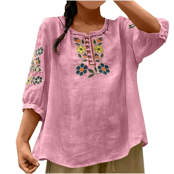 Boho Cotton Linen Tops for Women 2025 Vintage Embroidered Mexican Blouse Casual Crewneck Oversized Tunic Shirts