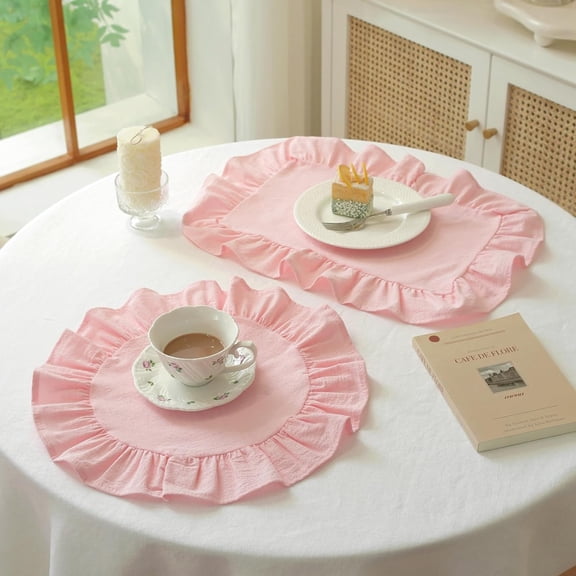 Boho Cotton Ruffles Placemats Set of 2, Round and Rectangular Place Mats Washable Table Mats for Kitchen Dining Party Table Decor, Pink Plaid