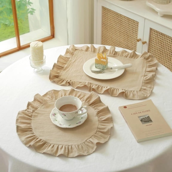 Boho Cotton Ruffles Placemats Set of 2, Round and Rectangular Place Mats Washable Table Mats for Kitchen Dining Party Table Decor, Pink Plaid