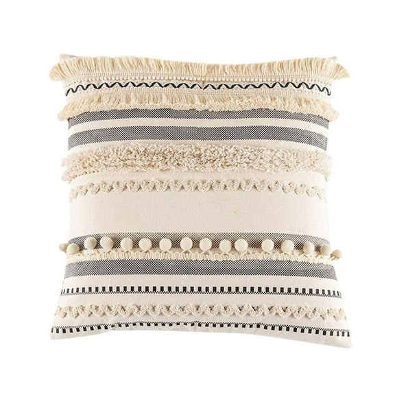 Boho Cotton Woven Tufted Pillow Cover - 45x45cm Decorative Throw Pillow Case with Pom Poms for Couch, Farmhouse