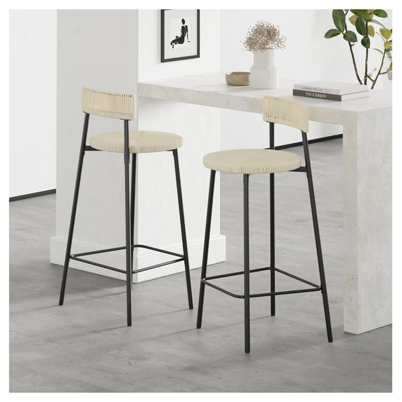 Boho Counter Stools Set of 2 - Handwoven Paper Rope Bar Stools - Round Dining Chairs for Kitchen, Pub, Black & Cream Metal