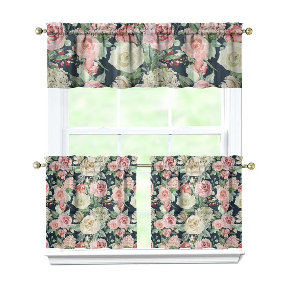 Boho Country Curtains 24 Inch - 3 Panel Rustic Farmhouse Set with Vintage Blooming Botanicals, Rod Pocket Kitchen Window Drapes