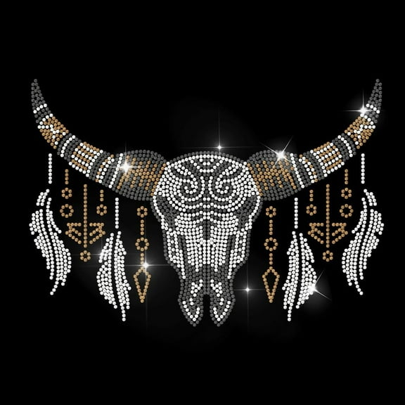 Boho Cow Rhinestone Iron on Heat Transfer Patches Western Cow Feather Pendant Bling DIY Patch Repair Hot Fix Applique for T-Shirt Jacket Bag Jeans Craft Clothing Accessory Colorful