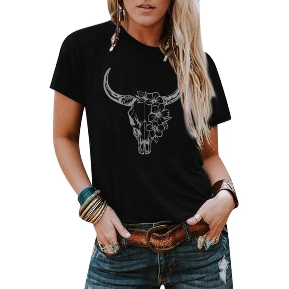 Boho Cow Skull Shirt Women Cowgirl t Shirt Vintage Western Rodeo Graphic Tee Short Sleeve Bull Skull Casual Top,women's summer shirt