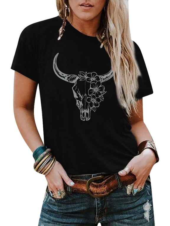 Boho Cow Skull Shirt Women Cowgirl t Shirt Vintage Western Rodeo Graphic Tee Short Sleeve Bull Skull Casual Top,women's summer shirt