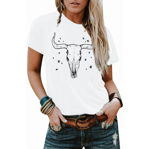 Boho Cow Skull Shirt Women Cowgirl t Shirt Vintage Western Rodeo Graphic Tee Short Sleeve Bull Skull Casual Top,women's summer shirt