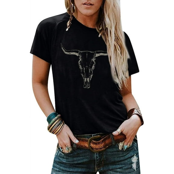 Boho Cow Skull Shirt Women Cowgirl t Shirt Vintage Western Rodeo Graphic Tee Short Sleeve Bull Skull Casual Top