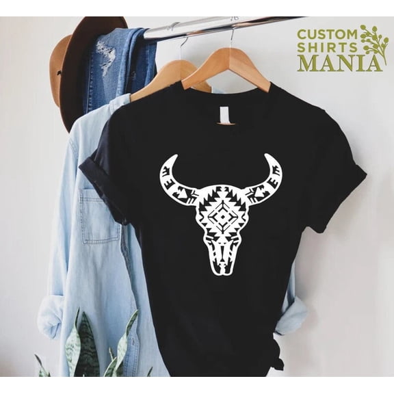 Boho Cow Skull Tshirt, Western Aztec Bull Skull Tshirt, Western Life Gift, Cowboy Shirt,Wild West Shirt,Cowgirl Tshirt,Rodeo Tshirt Shirt Tshirt All Size S-5XL