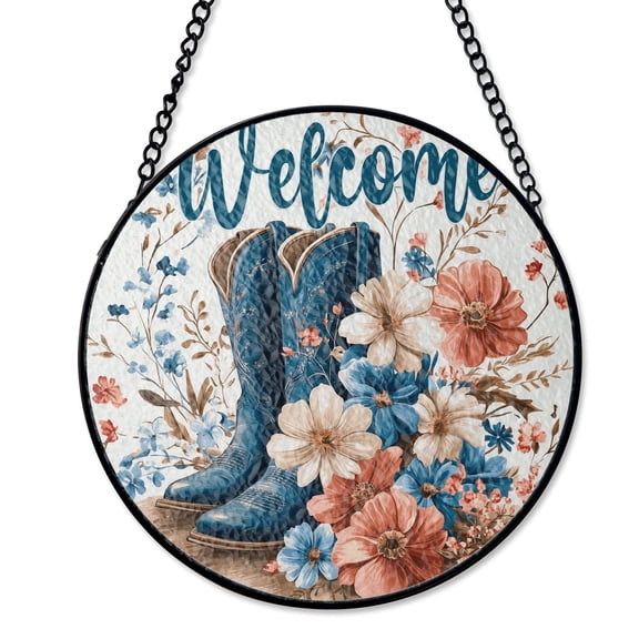 Boho Cowboy Boots Welcome Suncatcher Stained Glass Style, UV Printed Glass Western Chic Decor, Round