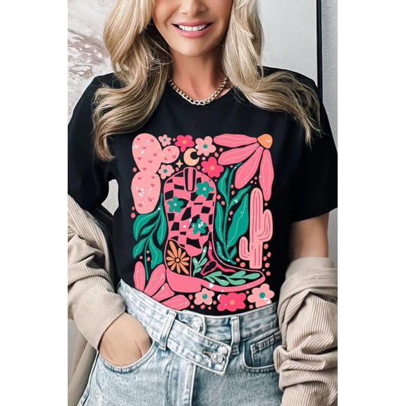 Boho Cowgirl Boot Floral Graphic T Shirts