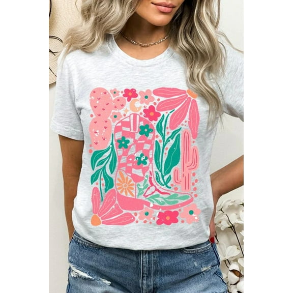 Boho Cowgirl Boot Floral Graphic T Shirts