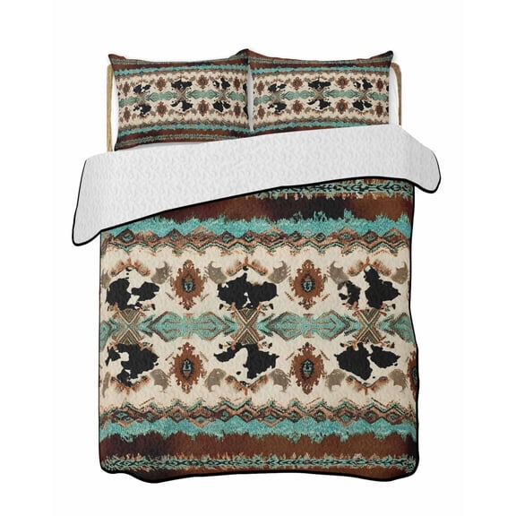 Boho Cowhide 3 Piece Quilt Bedding Set with 2 Pillow Shams, Western Aztec Tribal Green Brown Cow Texture Lightweight Bedspread Coverlet, Soft Breathable All Season Quilt, 68 x 98 Inch