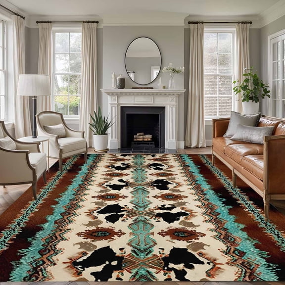 Boho Cowhide 8'x10' Large Area Rugs Western Aztec Tribal Green Brown Cow Texture Washable Area Rugs Non-Slip Indoor Floor Mats Large Carpet for Living Room Bedroom Dining Room