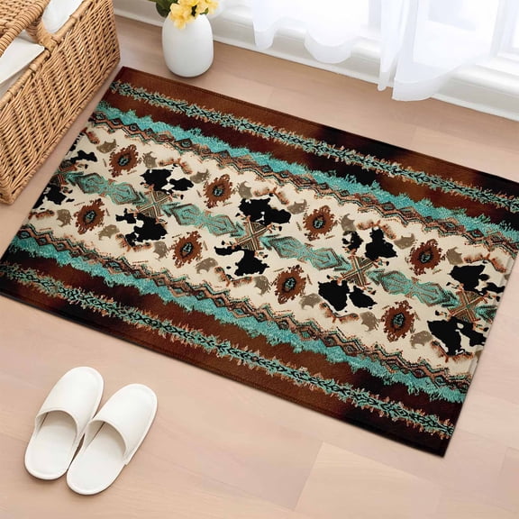 Boho Cowhide Entryway Rug 2'x3' Western Aztec Tribal Green Brown Cow Texture Small Area Rug Non-Slip Front Door Mat Washable Floor Carpet for Indoor Entrance Kitchen Bathroom