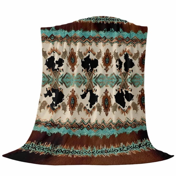 Boho Cowhide Fleece Throw Blanket Western Aztec Tribal Green Brown Cow Texture Ultra Soft Fuzzy Cozy Flannel Throw Blanket for Couch Sofa Bed Car Travel, Ideal Gifts 60x80 Inches