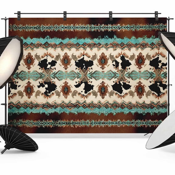 Boho Cowhide Photography Backdrop 7x5FT, Western Aztec Tribal Green Brown Cow Texture Photo Backdrops, Background for Photography Studio Photo Studio Background, Back Drop for Photoshoot