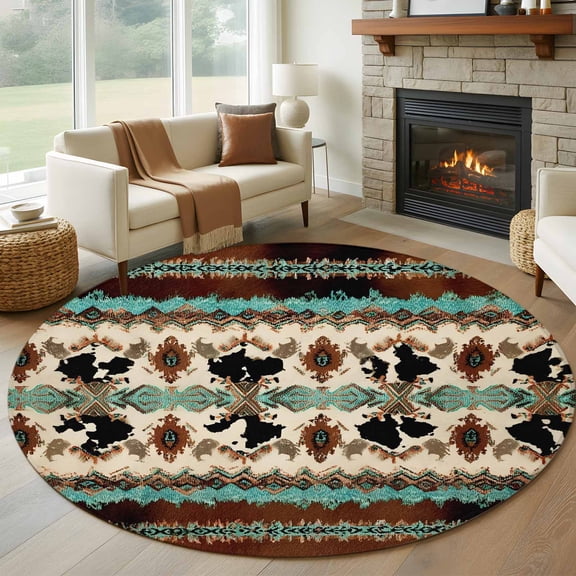 Boho Cowhide Round Rug 6Ft Western Aztec Tribal Green Brown Cow Texture Circle Area Rugs Washable Non Slip Indoor Floor Mats Carpet for Living Room Bedroom Dining Room Home Decor