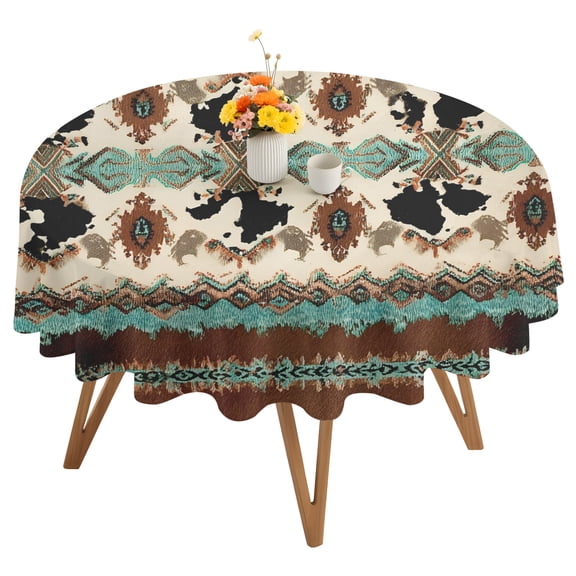 Boho Cowhide Round Tablecloth 54 inches Western Aztec Tribal Green Brown Cow Texture Waterproof Oil-Proof Table Cloth Round Table Cover for Holiday Party Picnic Dinner Decor Indoor and Outdoor Use