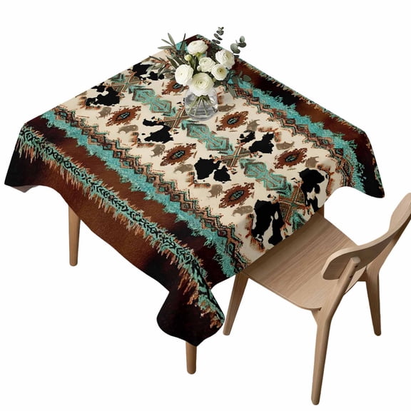 Boho Cowhide Square Tablecloth Western Aztec Tribal Green Brown Cow Texture Waterproof Wrinkle Free Soft Table Cloth Spill-Proof Washable Table Cover for Dining Party Picnic 54 x 54 Inch