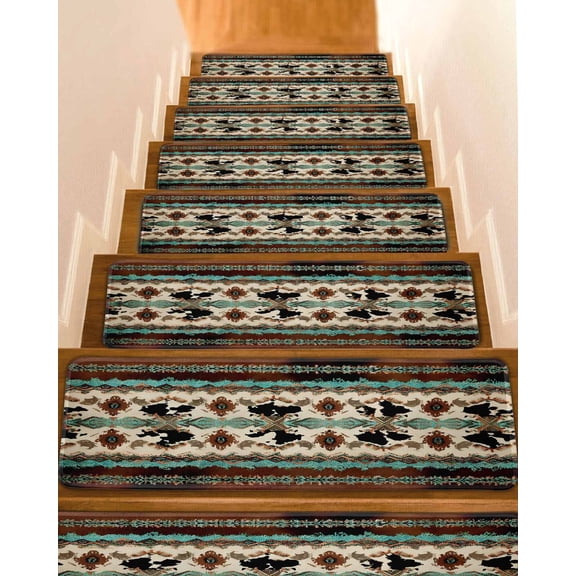 Boho Cowhide Stair Treads Western Aztec Tribal Green Brown Cow Texture Indoor Non Slip Peel and Stick Stair Treads for Wooden Steps 7 PCS, Soft Adhesive Staircase Mats Runner Rugs 8"x30"