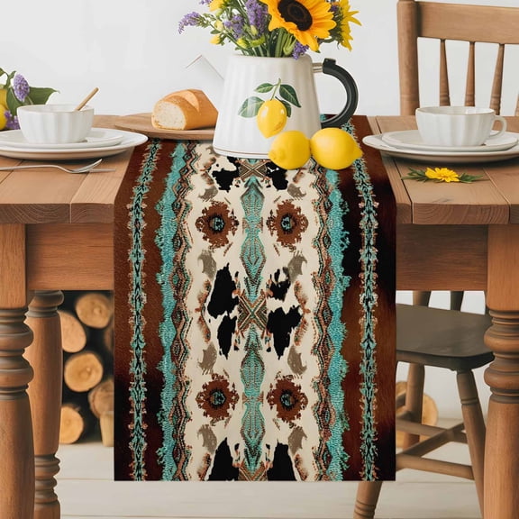 Boho Cowhide Table Runner 13x48 Inch Western Aztec Tribal Green Brown Cow Texture Cotton Linen Dining Table Runner Ideal for Dresser Kitchen Coffee Tables - Machine Washable